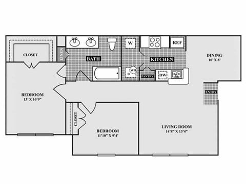 Floor plan for 2 beds, 1 bath, 900 sqft